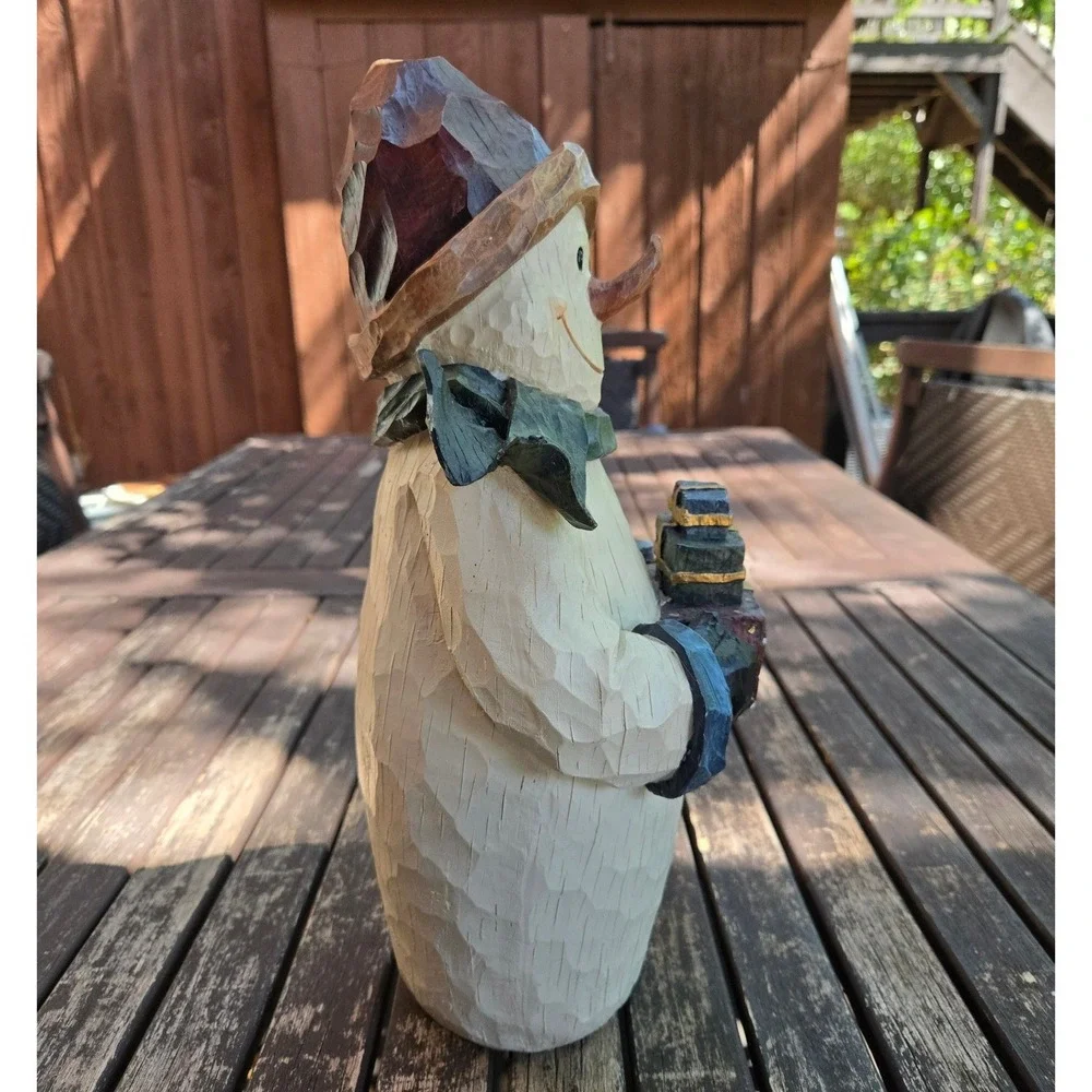 Vintage Faux Carved Wood Resin Snowman Figurine Holding Presents